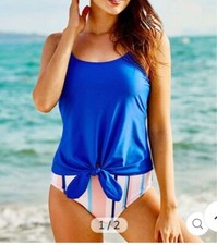 Solid Blue Strap Knot Tankini Top With Colorful Striped Bottom Size XL 5.8 