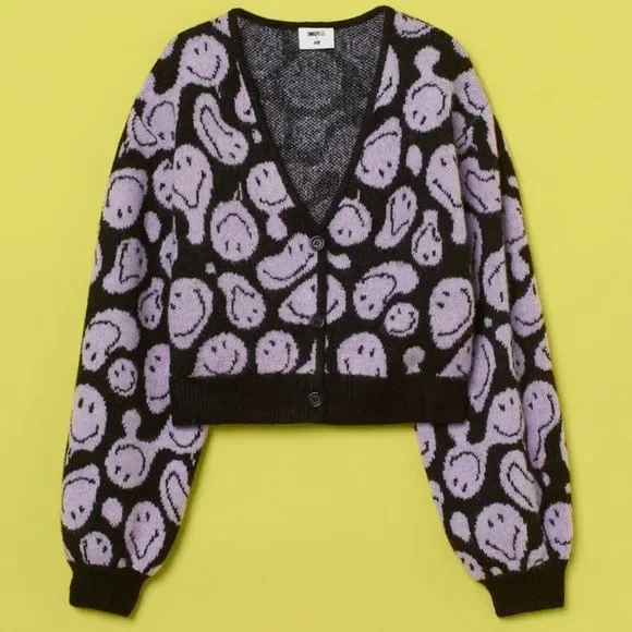 SMILEY x H M Jacquard Knit Fuzzy Wool Cropped Cardigan Lavender XL