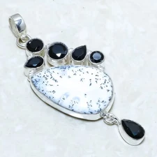 Dendrite Opal, Black Onyx Gemstone Handmade Silver Jewelry Pendant 2.6" PRJ12651