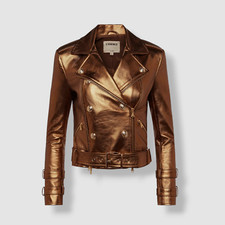 $1625 L'agence Womens Gold Leather Asymmetrical Belted Moto Jacket Size Xxs
