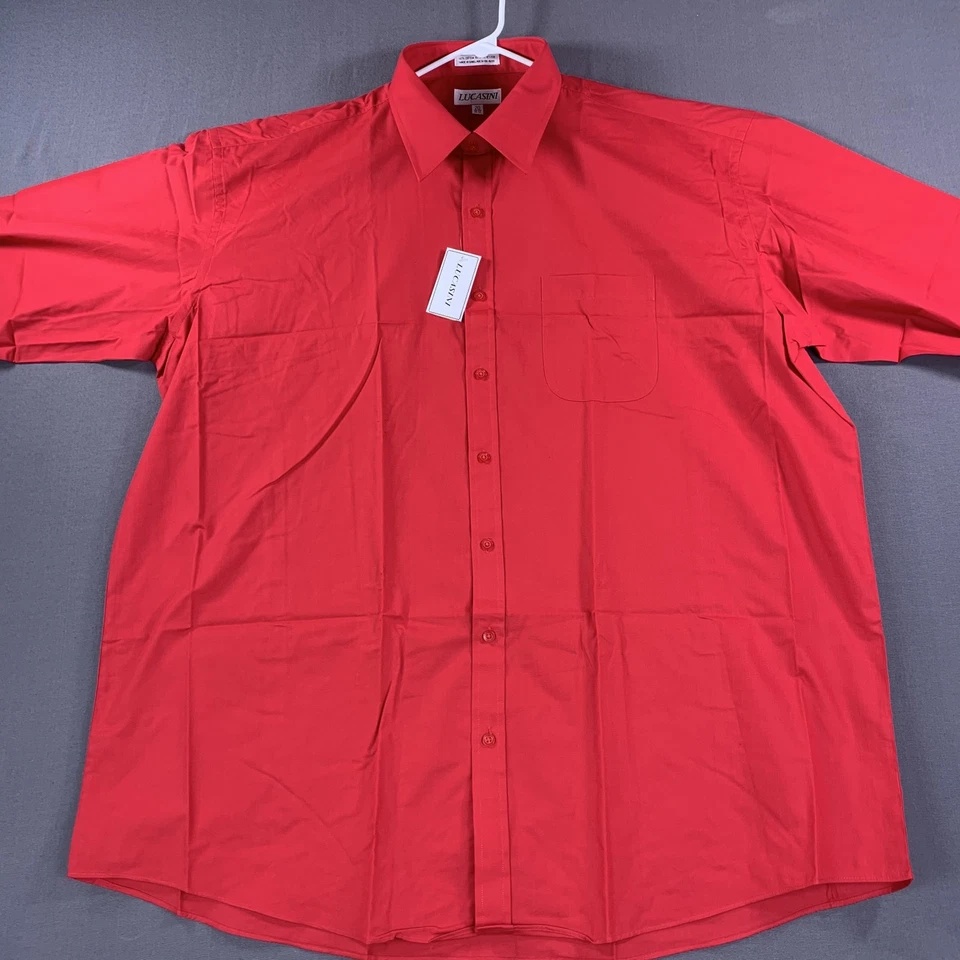 Camisa Lucasini Para Hombres 2XL Roja Manga Larga Vestido con Botones Formal Bolsillo Clásico Foto 4 de 4