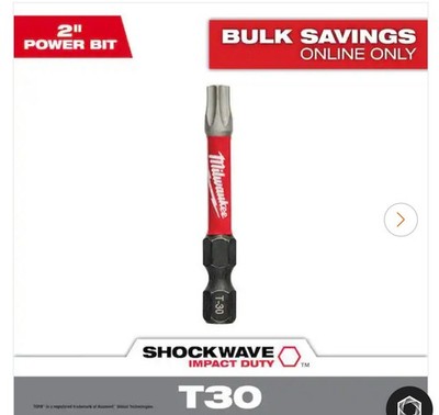 Two Milwaukee 48-32-4487, SHOCKWAVE 2-in. T30 Torx Power Bits w/ Wear-Guard Tips