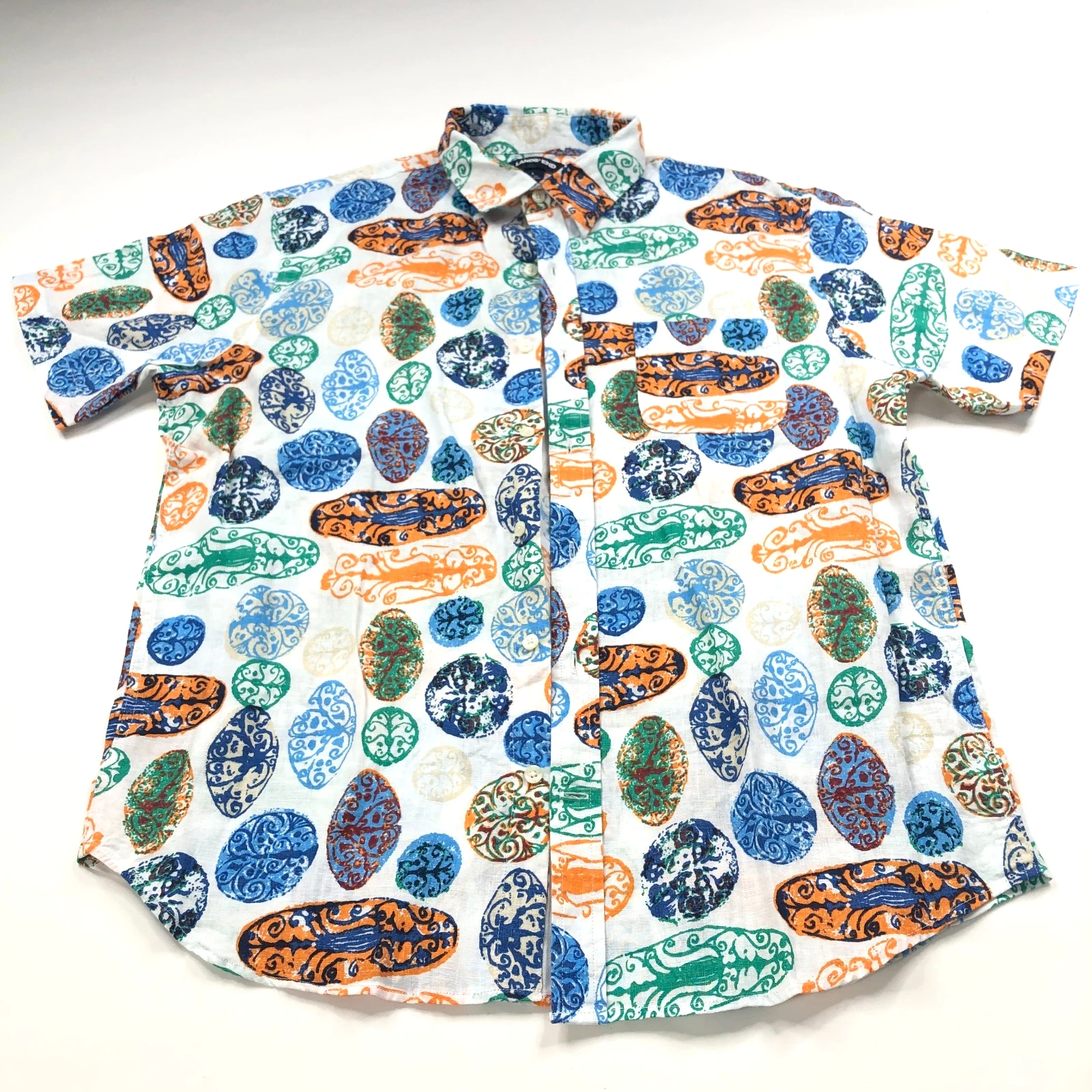 Lands End Tailored Fit Large 100% Linen Button SS Shirt Hawaiian All Over Print