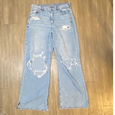 American Eagle Women's Wide Leg Jeans Light Wash Distressed High Rise Size 8