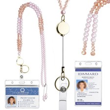 Retractable Lanyards ID Badges Natural Stone Bead Teacher Holder Cute Keys Pearl