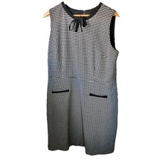Talbots Dress 14 Houndstooth Bow Neck Sleeveless Shift Black White Lined Classic