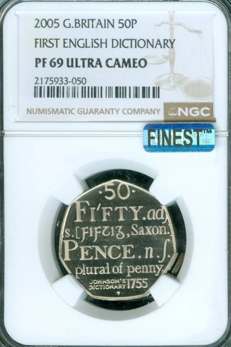 2005 GREAT BRITAIN DICTIONARY 50 PENCE NGC PF69 UCAM MAC FINEST SPOTLESS  .