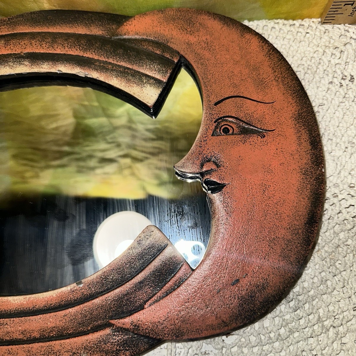 Vintage Rare Orange Celestial Wood Wall Mirror Moon Sun Stars Hand
