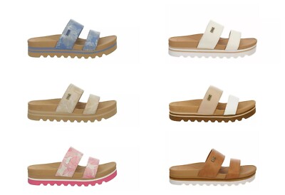 REEF WOMENS BANDED HORIZON LEATHER PLATFORM LIGHTWEIGHT SLIDE SANDAL