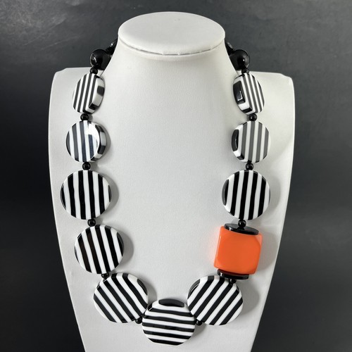Acrylic Lucite Stripe Necklace Orange Black White Chunky Post Modern Statement - Picture 6 of 7