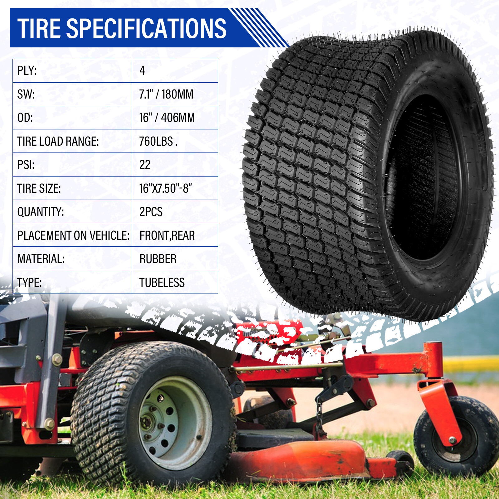 Gomme Rasaerba 16x7,50-8 2 Pneumatici Nuovi 16x7.50-8 Per Trattorini Tagliaerba - Tassellatura Turf, 4 Strati, Tubeless Motore Liberty 50 4T - Foto 3