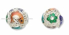 5 Silver Plated Cloisonn  13.5mm Round Beads with Fish Design 