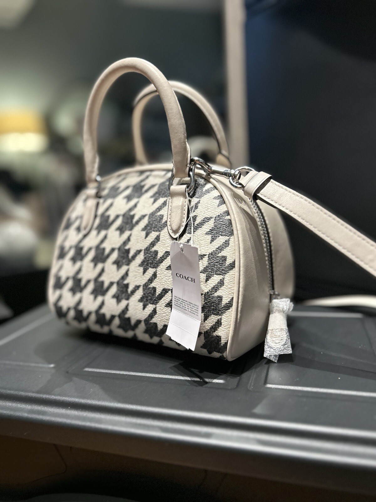 NWT Coach CJ628 Sydney Satchel with Houndstooth Print Canvas&Leather Cream/Black image 6