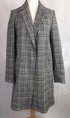 Primark Black White Red Houndstooth Checked Single Breasted Coat UK12 A69 