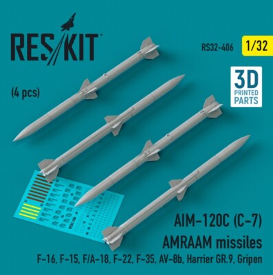 Reskit RS32-0406 1:32 AIM-120C (C-7) AMRAAM missiles (4 pcs) F-16, F-15, F/A-18