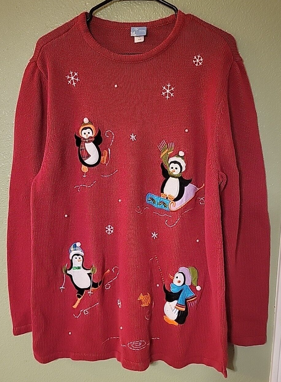 Holiday Editions Sweater Womens XL Embroidered Penguin Ramie Red