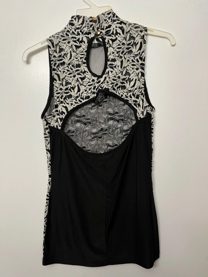 黑色/白色天鹅绒绒网眼锁眼开襟无袖/背心 — 第 4/4 张图片