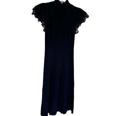 Rebecca Taylor Black Pointelle Knit Lace Trim Mock Neck Sweater