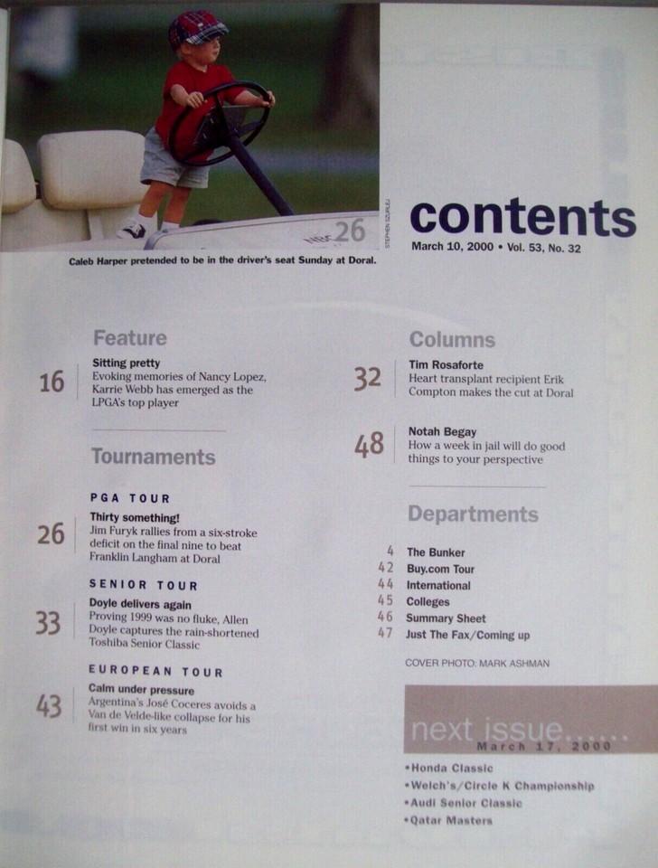 March 10, 2000 Golf World Magazine KARRIE WEBB Cover / JIM FURYK Wins