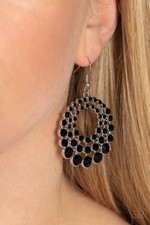 Silver Setting Black Rhinestone Circular Dangle/Drop Hook Metal Lobe Earrings