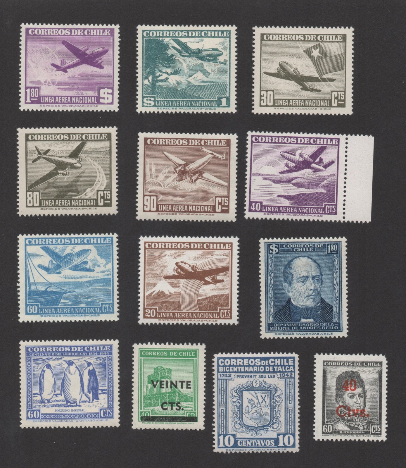 CHILE STAMPS COLLECTION  OF 13, MINT HINGED, OG, F/VF FROM ESTATE