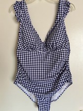 Kona Sol Blue White Gingham Check One Piece Swimsuit Bathing Suit V Neck Sz 16 W