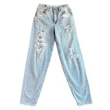 American Eagle Mom Jeans Womens Size 2 X-Long Light Wash Distressed High Rise