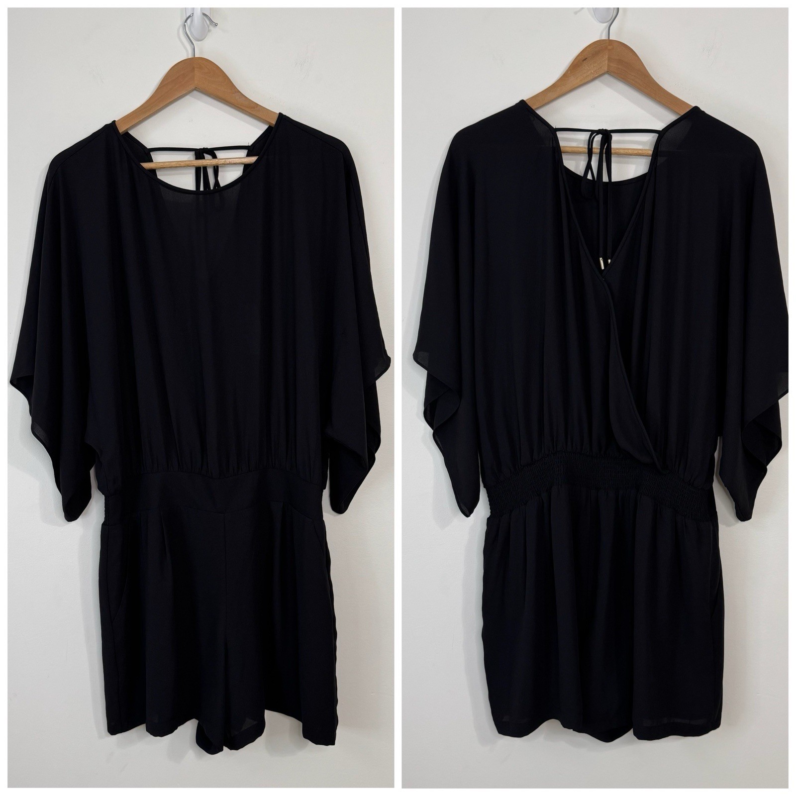 NWT White House Black Market Kimono Sleeve Romper Size 14 Black Pockets