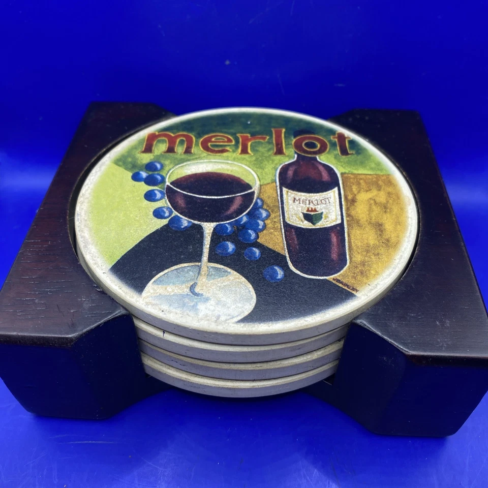 Juego de 4 posavasos vintage de piedra y corcho variedades de vino tinto con soporte de madera Foto 4 de 4