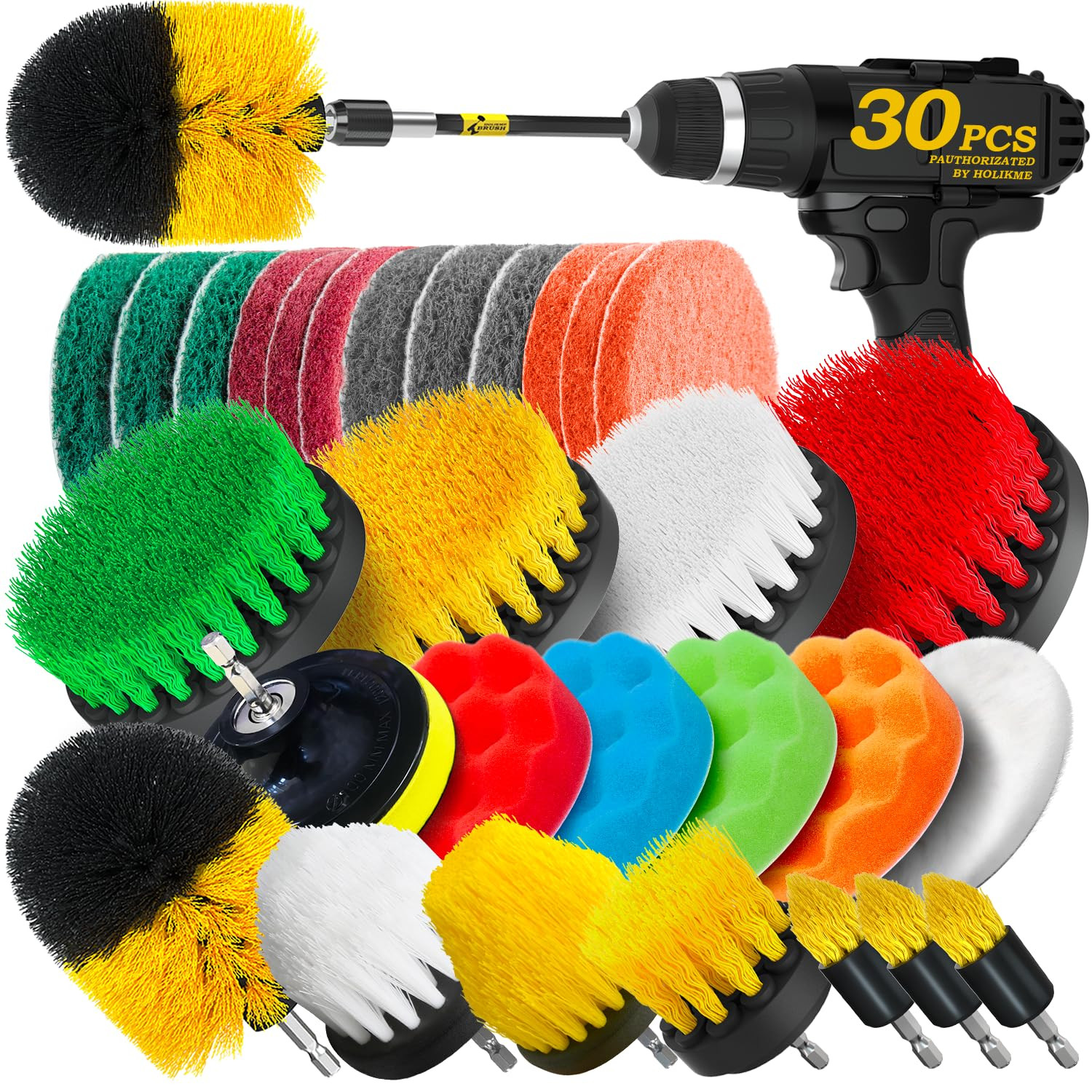 30-Pack Drill Brush Attachment Set with Scrub Pads and Sponge for Power Scrubbing and Deep Cleaning