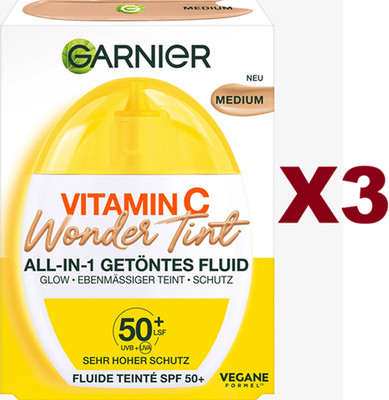 3PCS GARNIER VITAMIN C WONDER TINT COLORED FLUID 3 IN 1 SPF 50+ MEDIUM 40ML