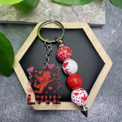 4  Acrylic Wood Bead Love Heart Kiss Keychain Purse Backpack Free Ship C1397