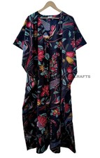 Indian Black Long Peacock Print Cotton Hippie Maxi Women Nightwear Caftan Dress