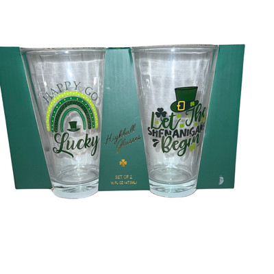 Happy Go Lucky Let the Shenanigans begin highball glasses 16fl oz set of 2 NEW￼