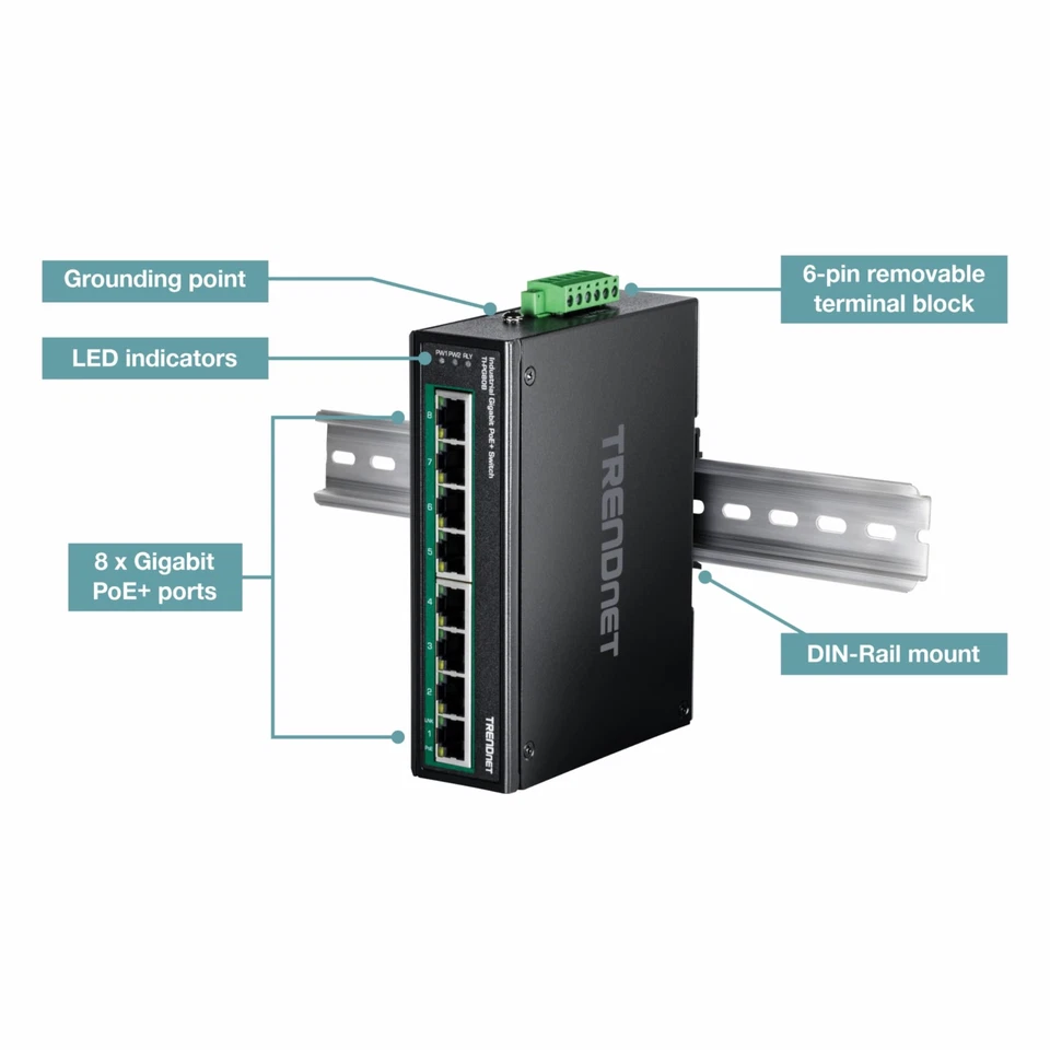8-Port Industrial Gigabit PoE+ DIN-Rail Switch (24 – 56V), TI-PG80B, 8 x Giga... - Image 4 of 4