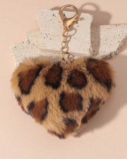 Plush Leopard Print Heart-Shaped Keychain  Bag Charm