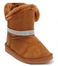 Bebe Girls Winter Boots Cognac Faux Fur Trim Rhinestone band Sz 3,