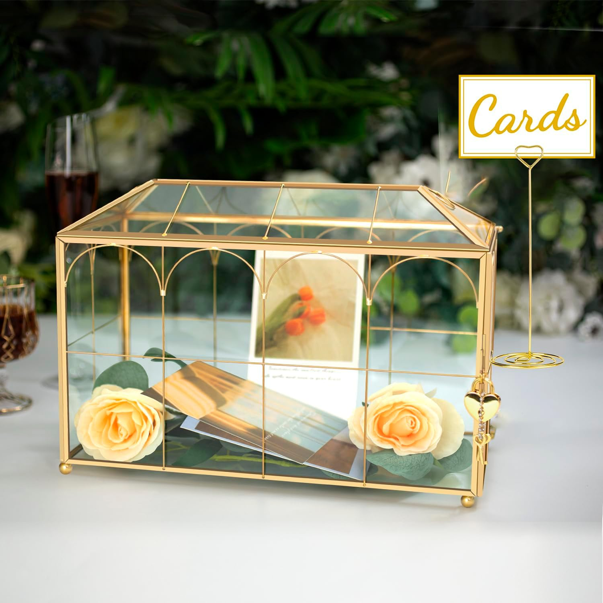 Glass Wedding Card Box with Lock, 12.6X5.9X9 Inches Large Gold