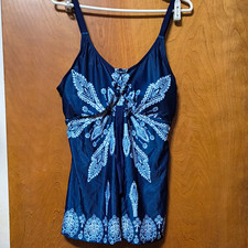 Women  s Paisley Tankini Top  Swim Shorts 2-Piece Set Navy/Light Blue 2XL