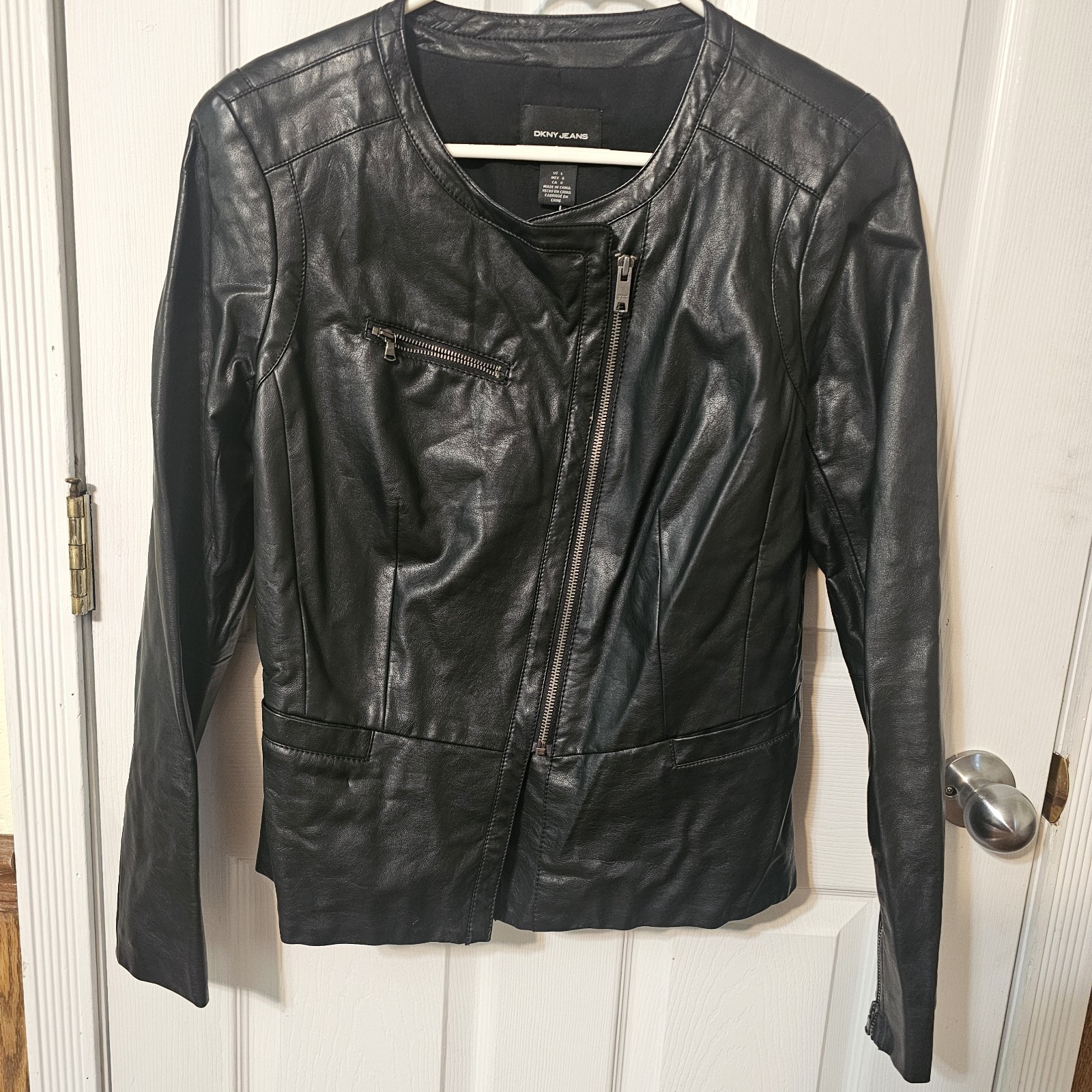 DKNY Women's Black Moto Jacket Zip On Cuff Faux Leather Y2k Biker Style Sz Large