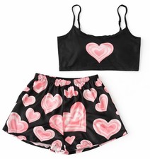 Black Pink Heart Print Satin  Square Neck Sleeveless Cami Pajama Set Shorts Sz M