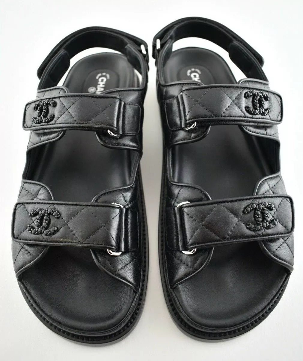 Chanel Black Leather Quilted Chain CC Logo Mule Slide Strap Flat Dad Sandal  39