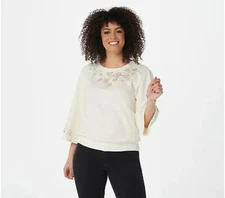 NEW The Muses Closet Large Embroidered Bell Sleeve Knit Top in Ivory QVC 7480