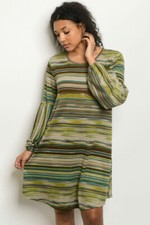 Olive Green Stripe Shift Dress Size Large Long Puff Sleeve 