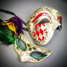 Venetian Silver RED Phantom Ball Men Women Feather Green Glitter Eye Couple Mask
