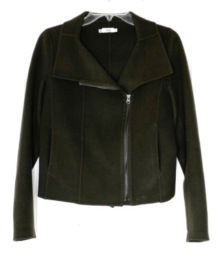 VINCE Army Olive Green Wool Nylon Asymmetric Zip Moto Jacket w
