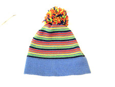 Colorado Knitting Mills Ski Cap Hat SMALL Blue Multi Color Stripe Pom Pom Wool