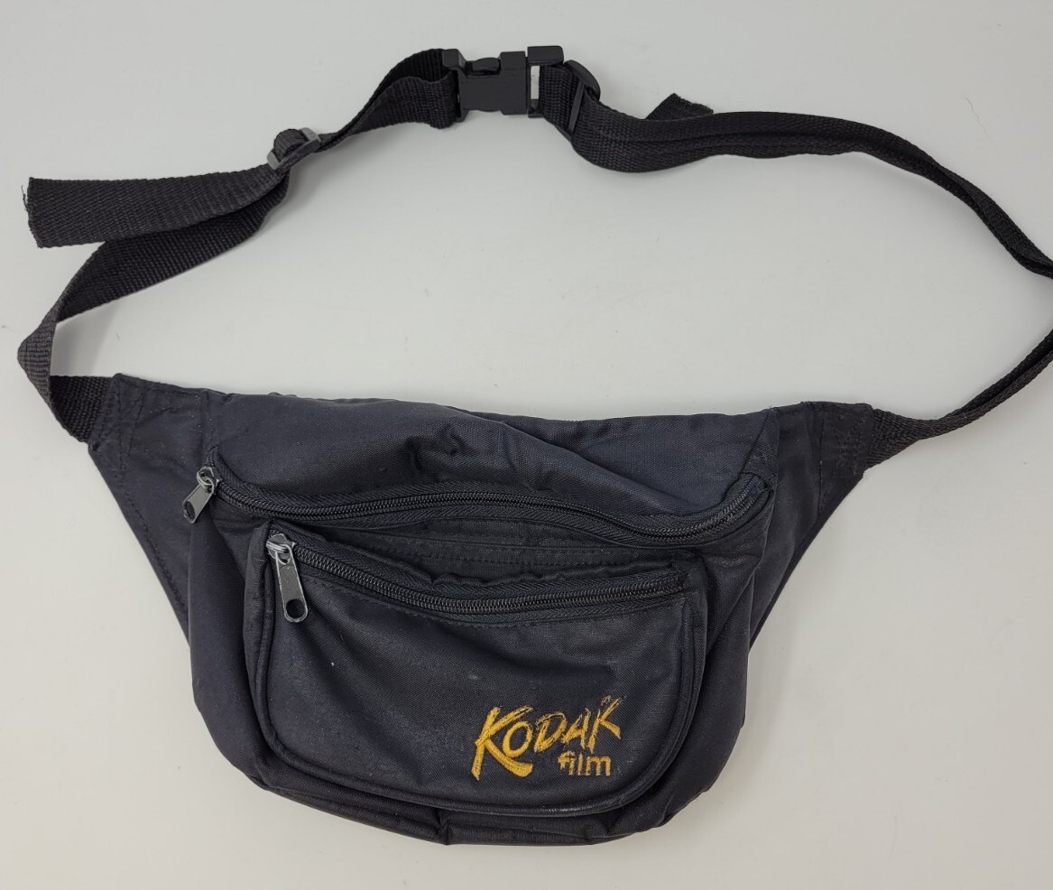 Vintage Kodak Film Logo Zip Compartment Fanny Pack Black Travel Bag Retro Camera - Picture 2 of 10