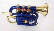 SALE  Pocket Trumpet Blue Brass Colored Bb Pitch Free HARD Case  Mouthpiece