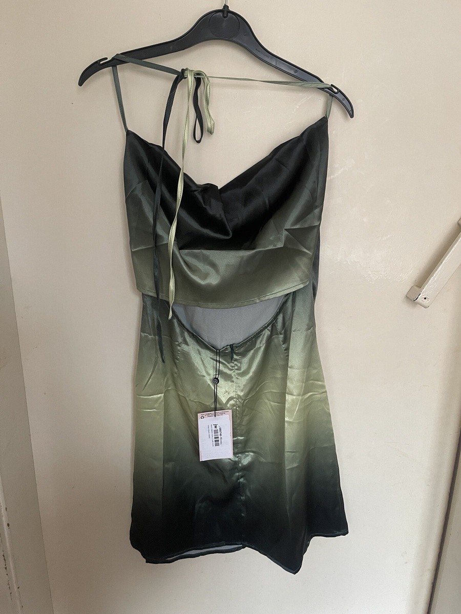 MISSGUIDED SATIN COWL NECK GREEN OMBR MINI DRESS (UK8)
